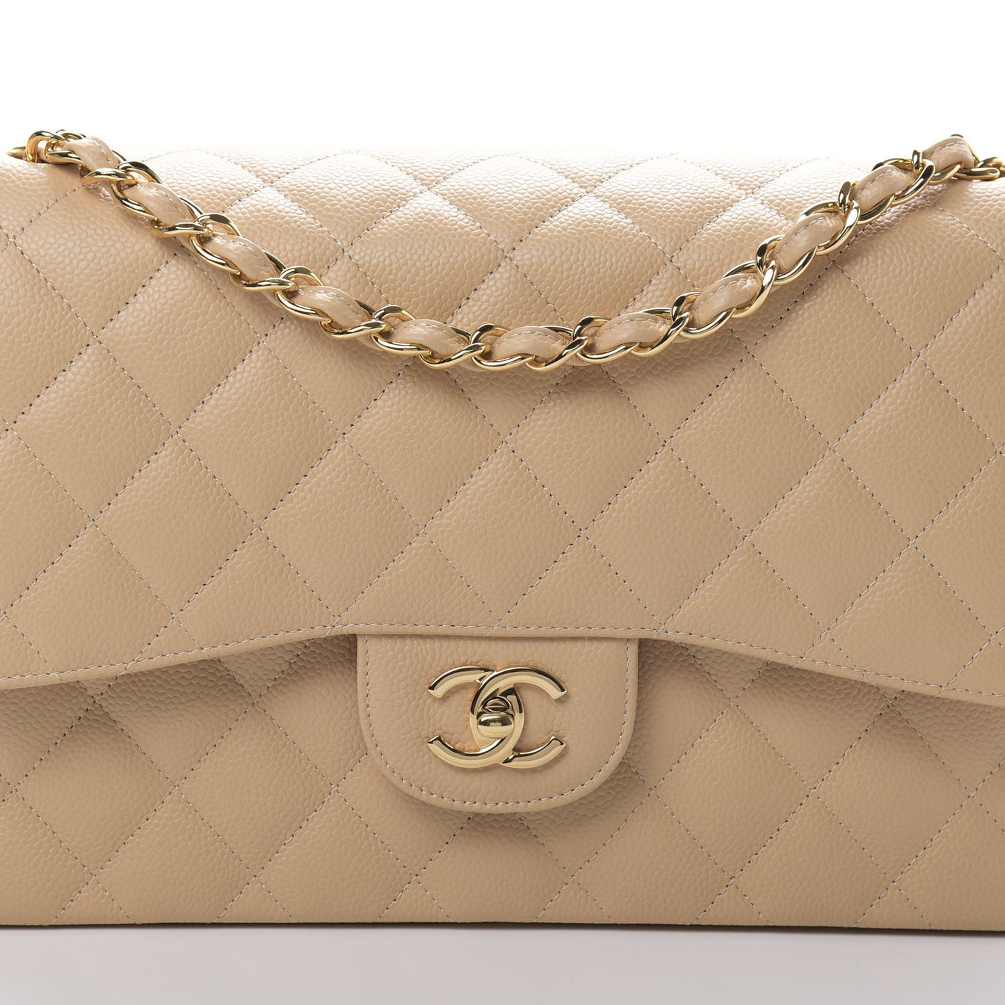 Caviar Quilted Jumbo Double Flap Beige