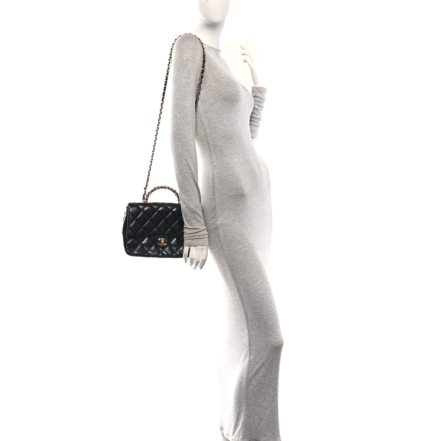 Shiny Lambskin Quilted Twisted Links Top Handle Flap Black