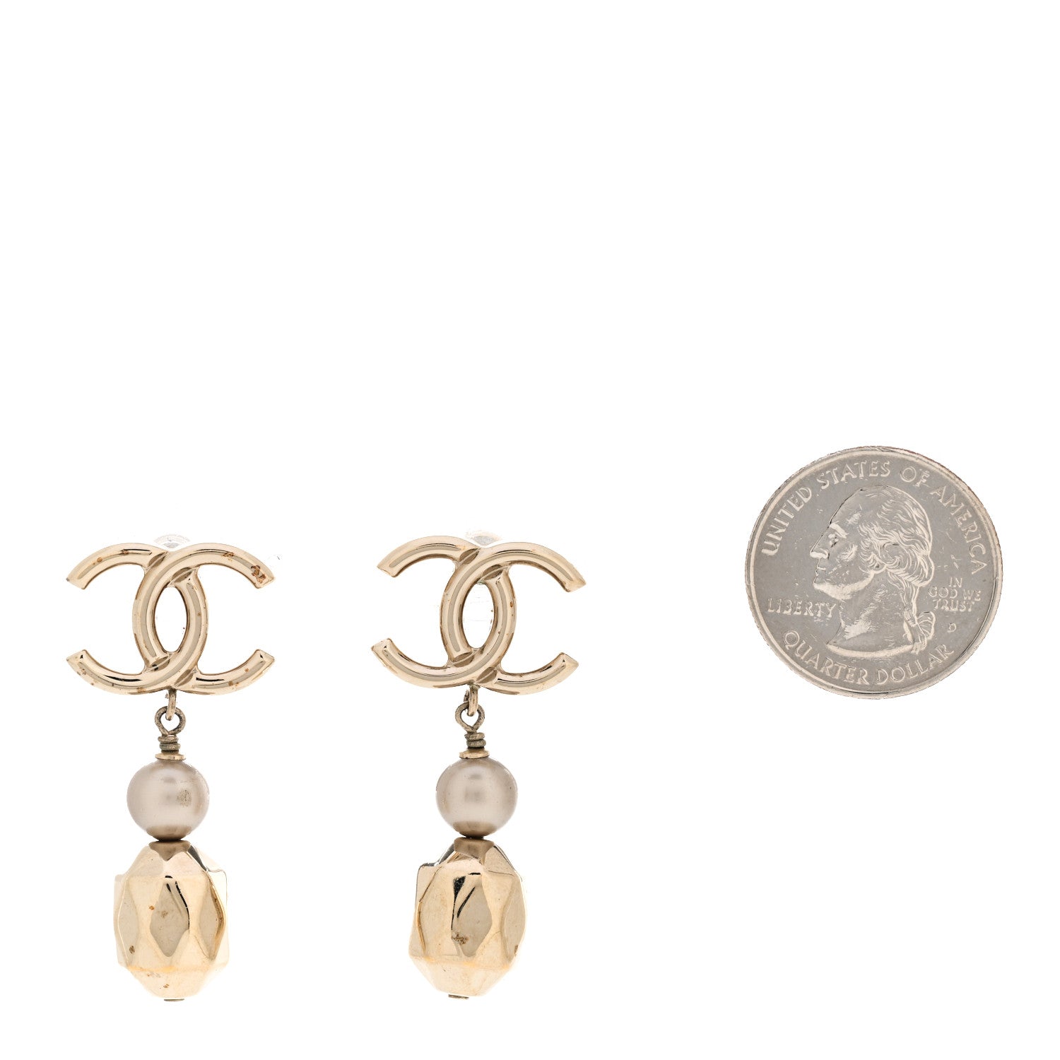 Chanel Metal Bead Pearl CC Drop Earrings Golden Pearly White 2 of 9