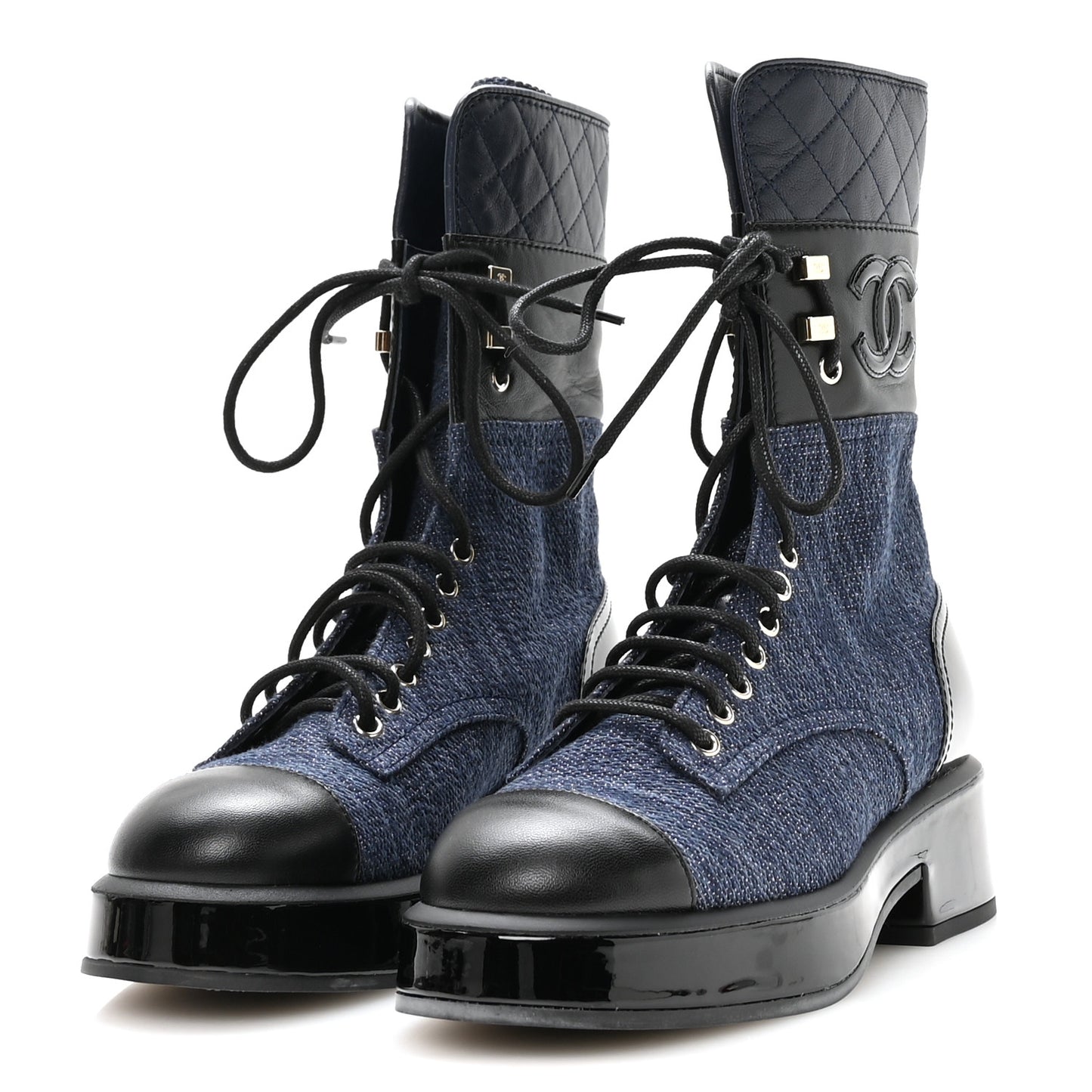 Fabric Patent Lambskin Quilted CC Lace Up Combat Boots 36.5 Navy Blue Black