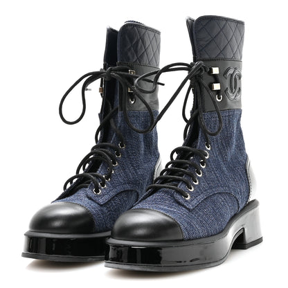 Chanel Fabric Patent Lambskin Quilted CC Lace Up Combat Boots 36.5 Navy Blue Black 4 of 9