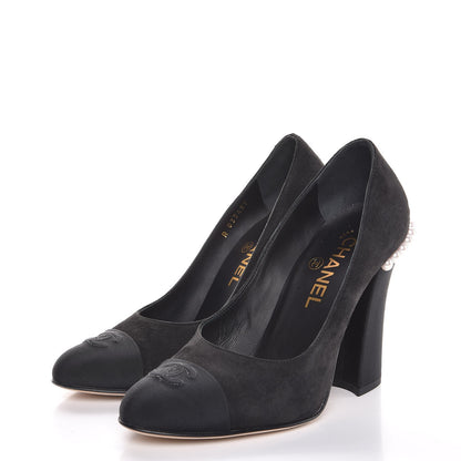 Chanel Suede Grosgrain Pearl CC Cap Toe Pump 36.5 Black 3 of 9