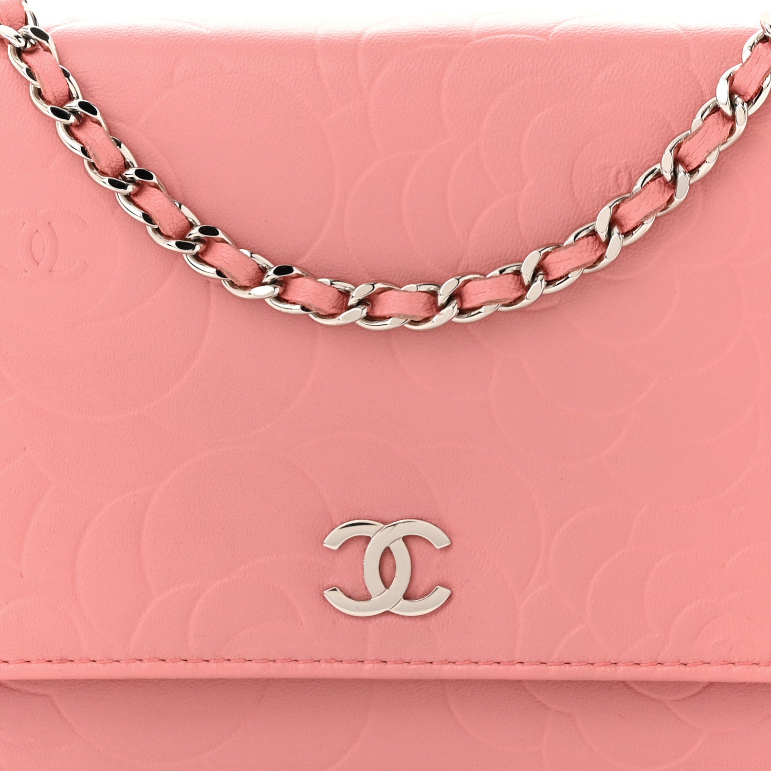 Chanel Lambskin Camellia Embossed Wallet on Chain WOC Pink 9 of 13