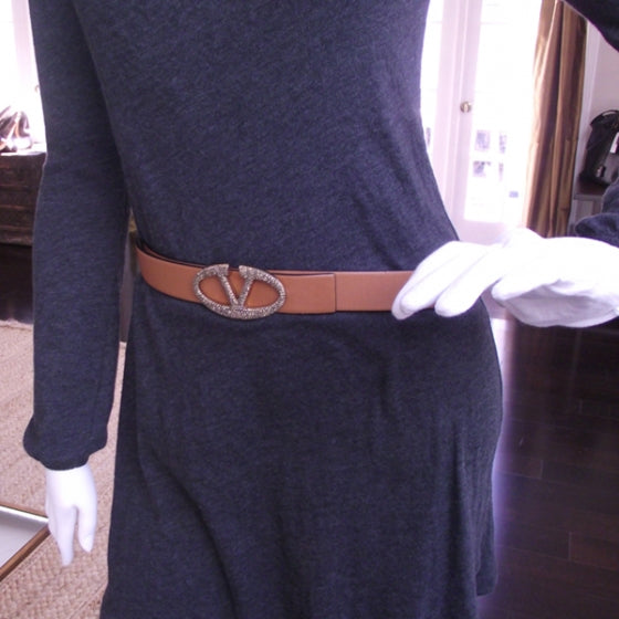 Leather Crystal V Logo Belt