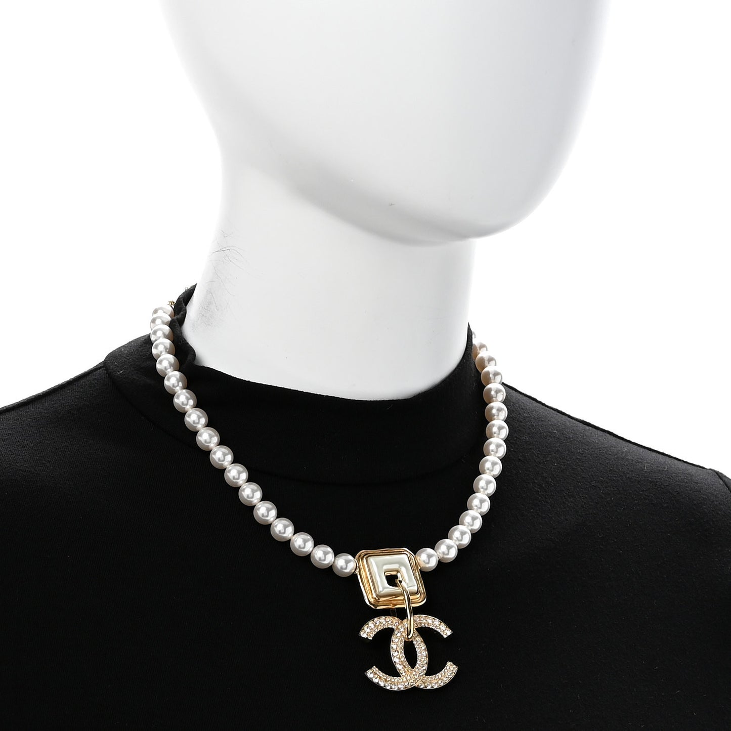 Pearl Crystal CC Square Choker Necklace Gold Pearly White