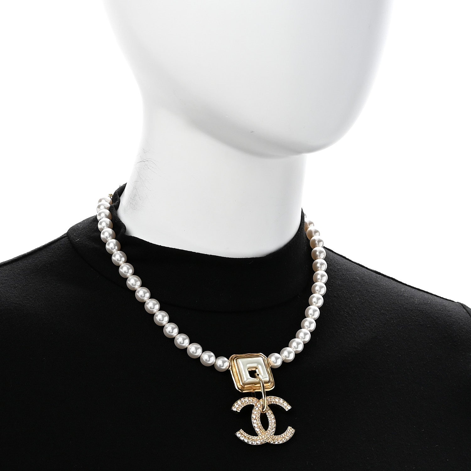 Chanel Pearl Crystal CC Square Choker Necklace Gold Pearly White 2 of 6