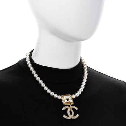 Chanel Pearl Crystal CC Square Choker Necklace Gold Pearly White 2 of 6