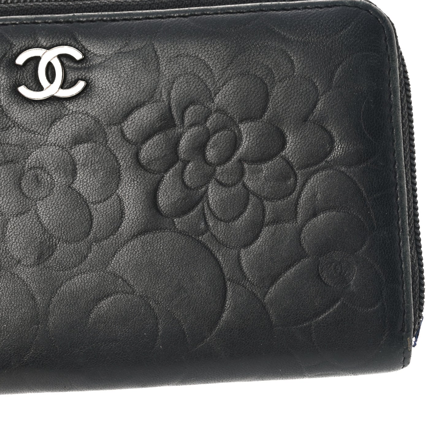 Lambskin Camellia Embossed Large Zip Around Gusset Wallet Black