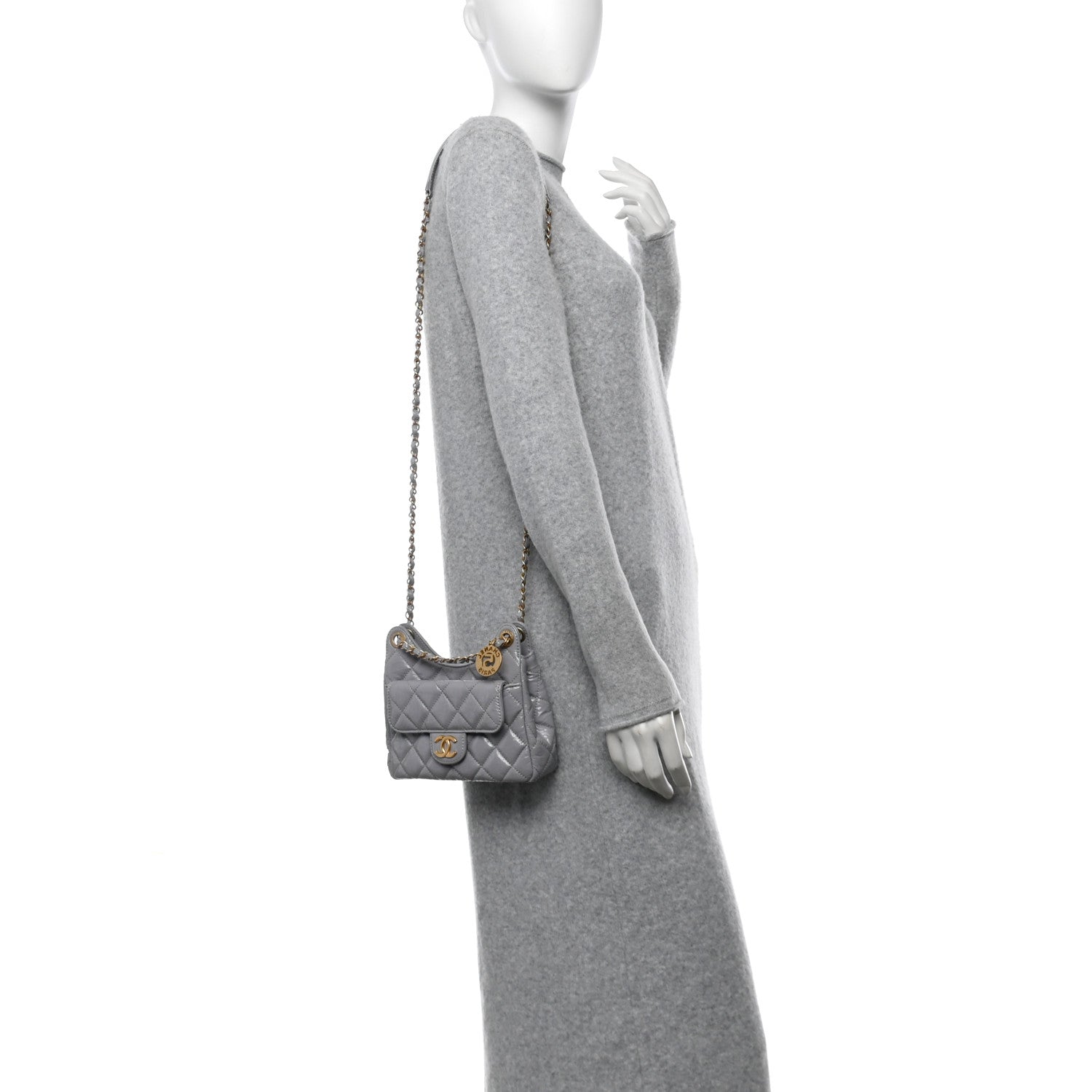Chanel Shiny Crumpled Calfskin Quilted Small Wavy CC Hobo Grey 2 of 10
