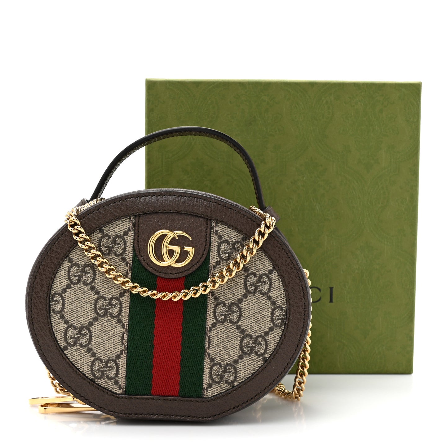 GG Supreme Monogram Top Handle Web Mini Ophidia Round Shoulder Bag Brown