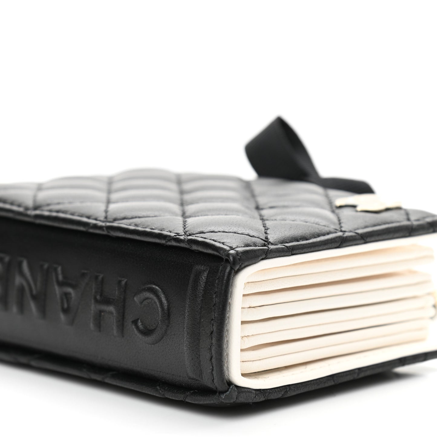 Lambskin Quilted Book Card Holder on Chain Black