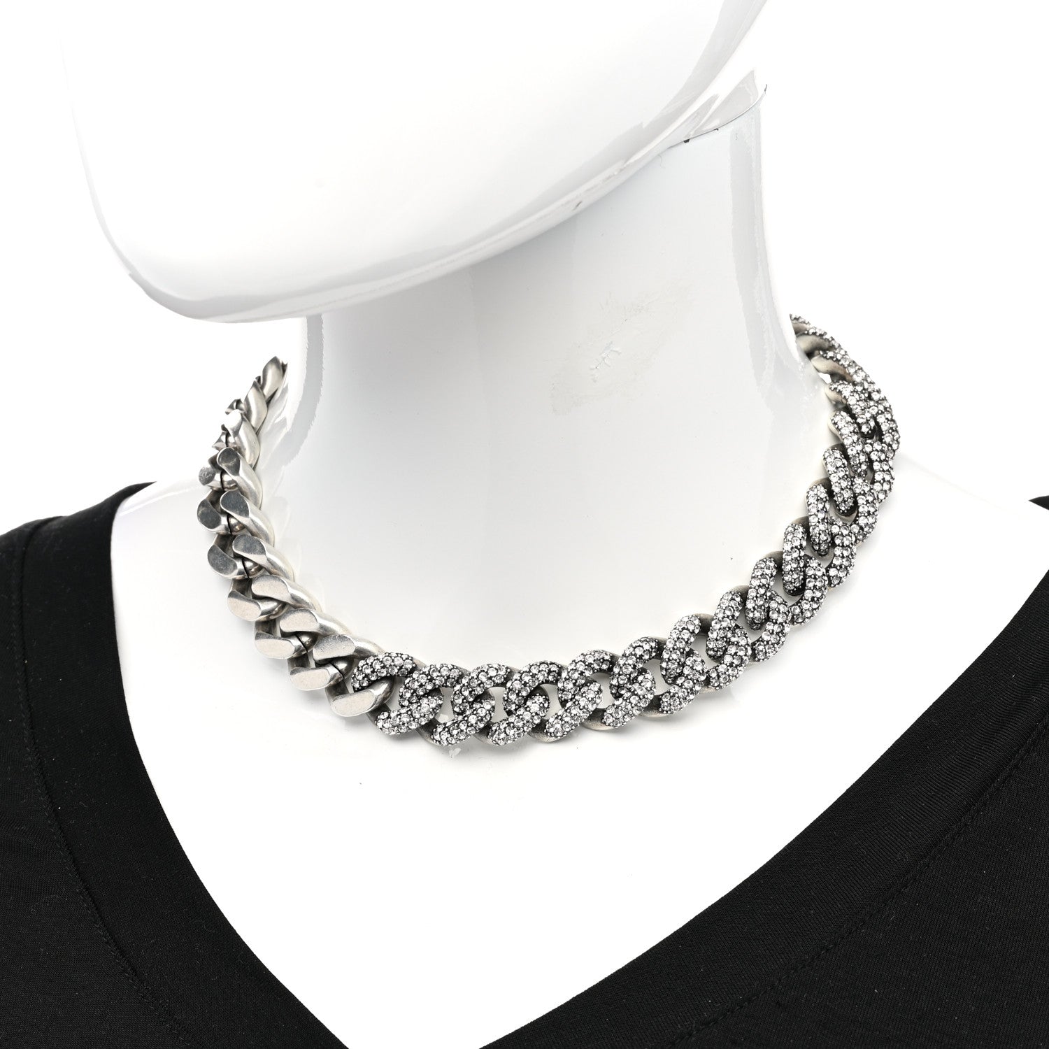 Saint Laurent Crystal Curb Chain Necklace Oxidized Silver 2 of 7