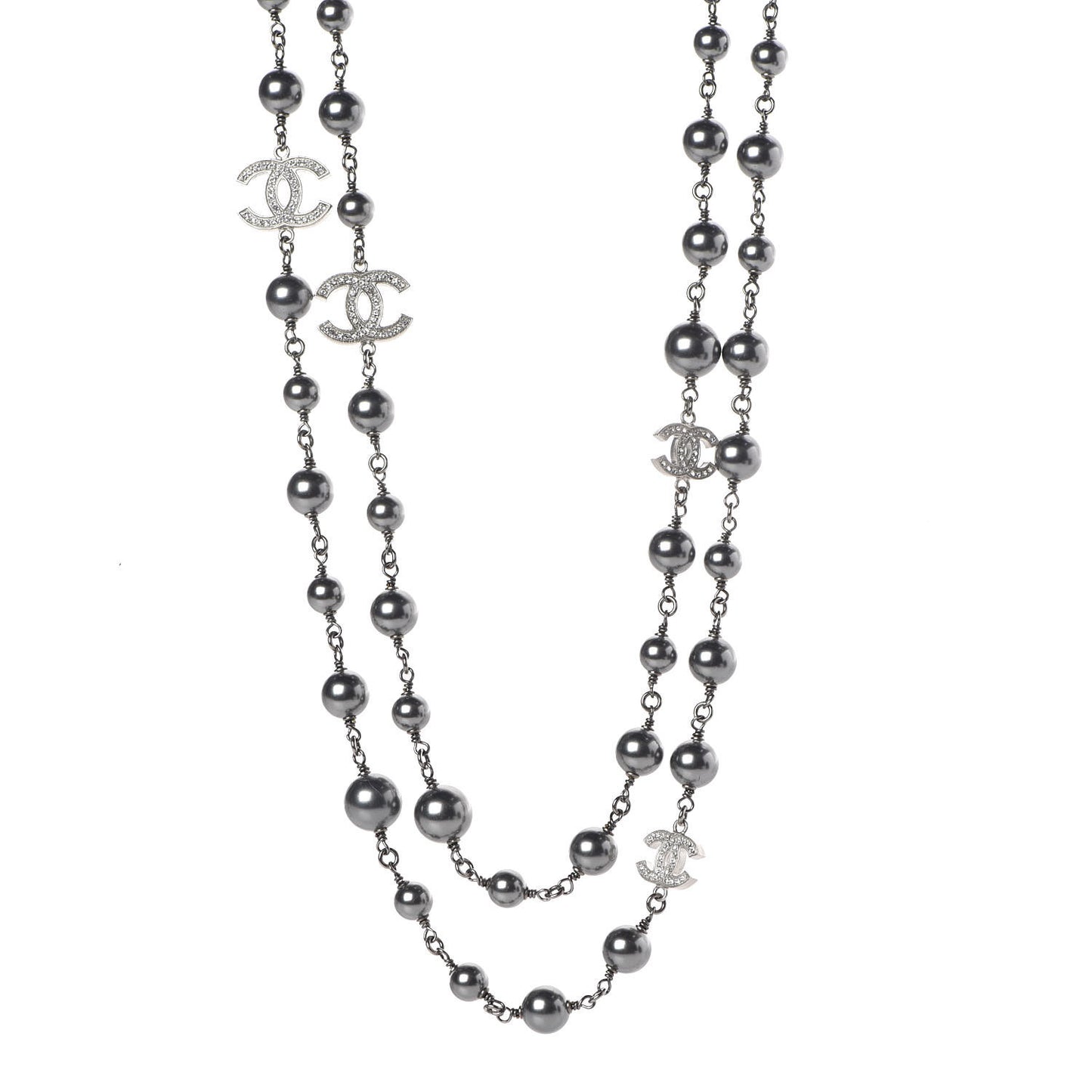 Pearl Crystal CC Long Necklace Silver Grey