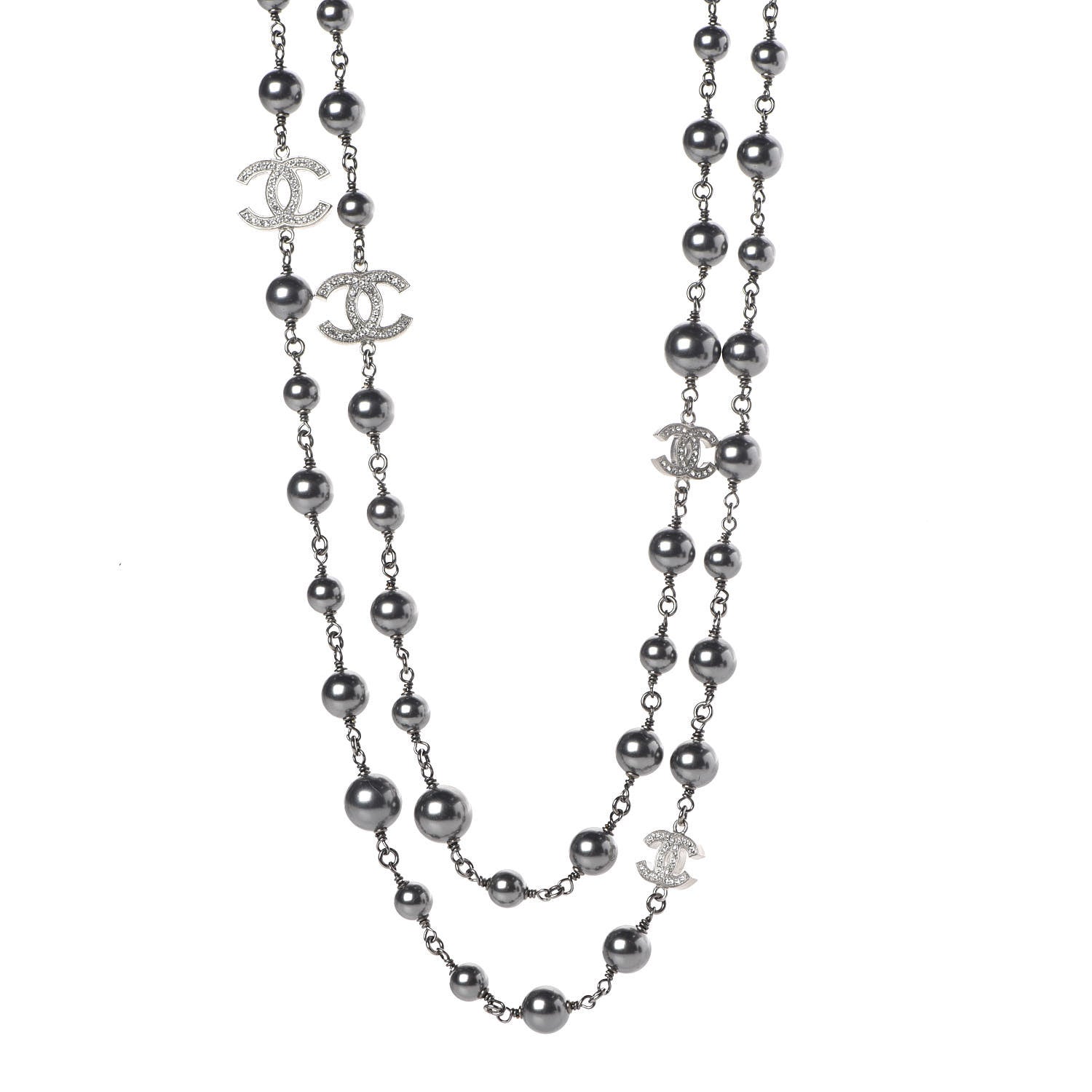 Chanel Pearl Crystal CC Long Necklace Silver Grey 1 of 5