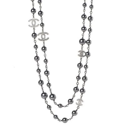 Chanel Pearl Crystal CC Long Necklace Silver Grey 1 of 5