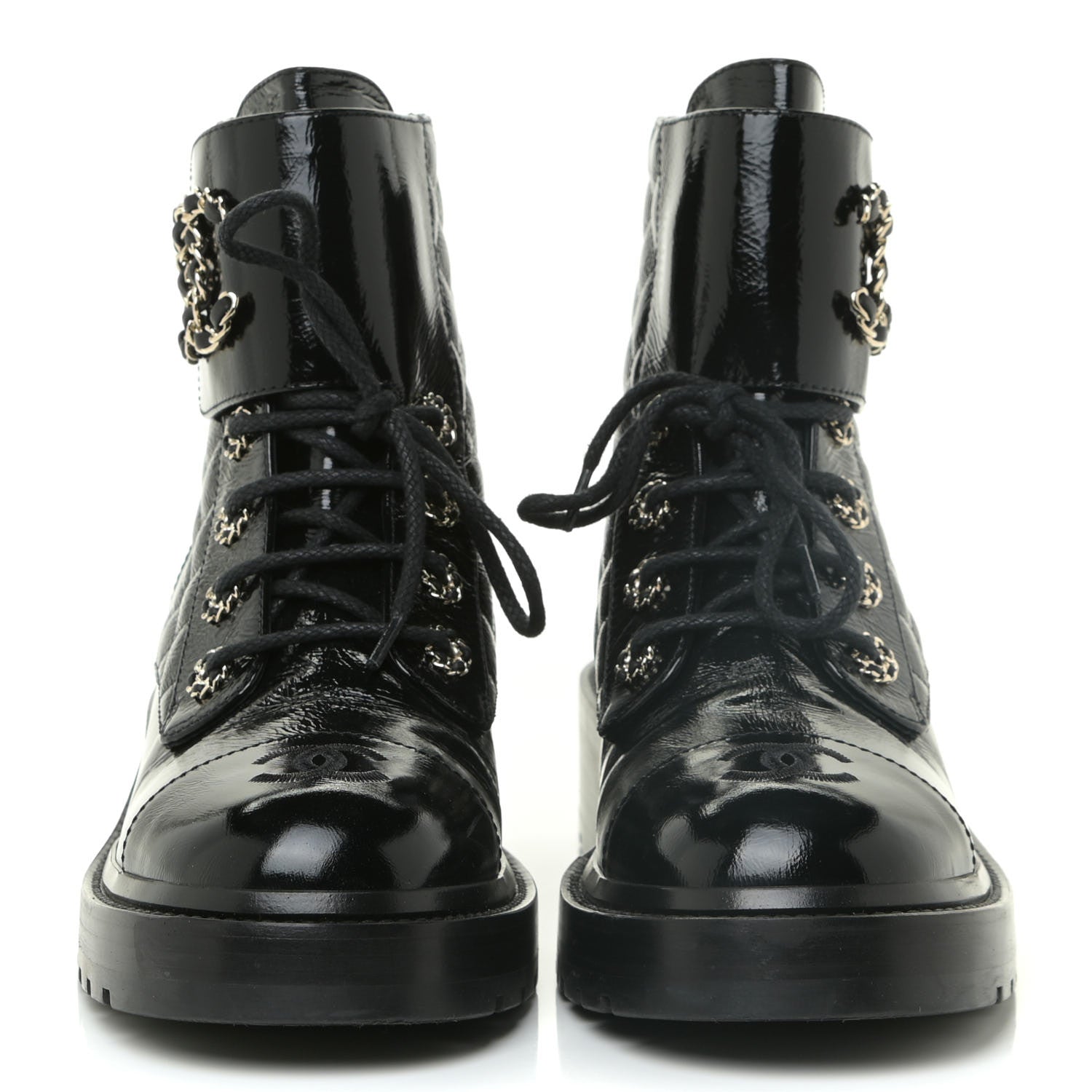Chanel Shiny Calfskin Quilted Lace Up Combat Boots 38.5 Black 2 of 14