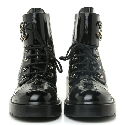 Chanel Shiny Calfskin Quilted Lace Up Combat Boots 38.5 Black 2 of 14