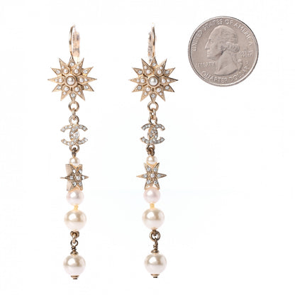 Chanel Crystal Pearl CC Star Dangle Earrings Gold 2 of 4
