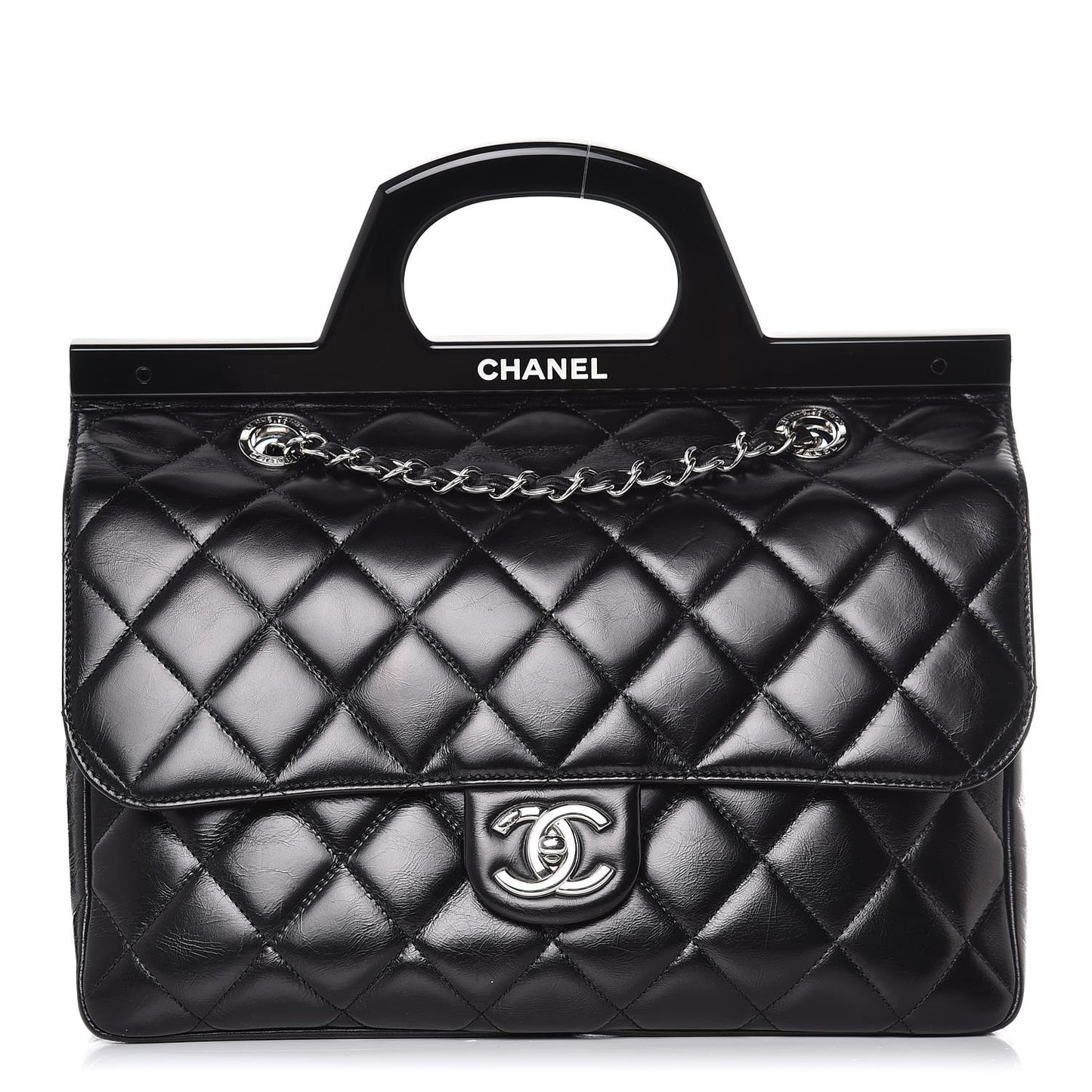 Glazed Calfskin Quilted Small CC Delivery Tote Black