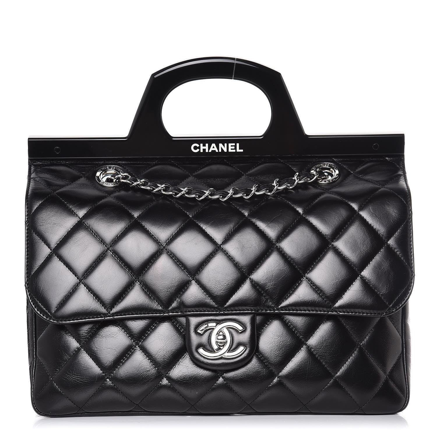 Chanel Glazed Calfskin Quilted Small CC Delivery Tote Black 1 of 8