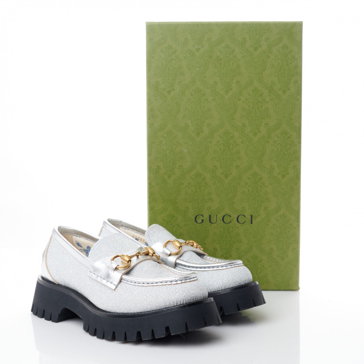 Gucci Mini Diamond Storm Silk Calfskin Womens Harald Horsebit 25mm Platform Loafers 36 Silver 10 of 10