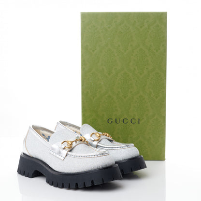 Gucci Mini Diamond Storm Silk Calfskin Womens Harald Horsebit 25mm Platform Loafers 36 Silver 10 of 10