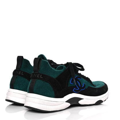 Chanel Fabric Suede Calfskin Womens CC Sneakers 40 Dark Green Black 4 of 8