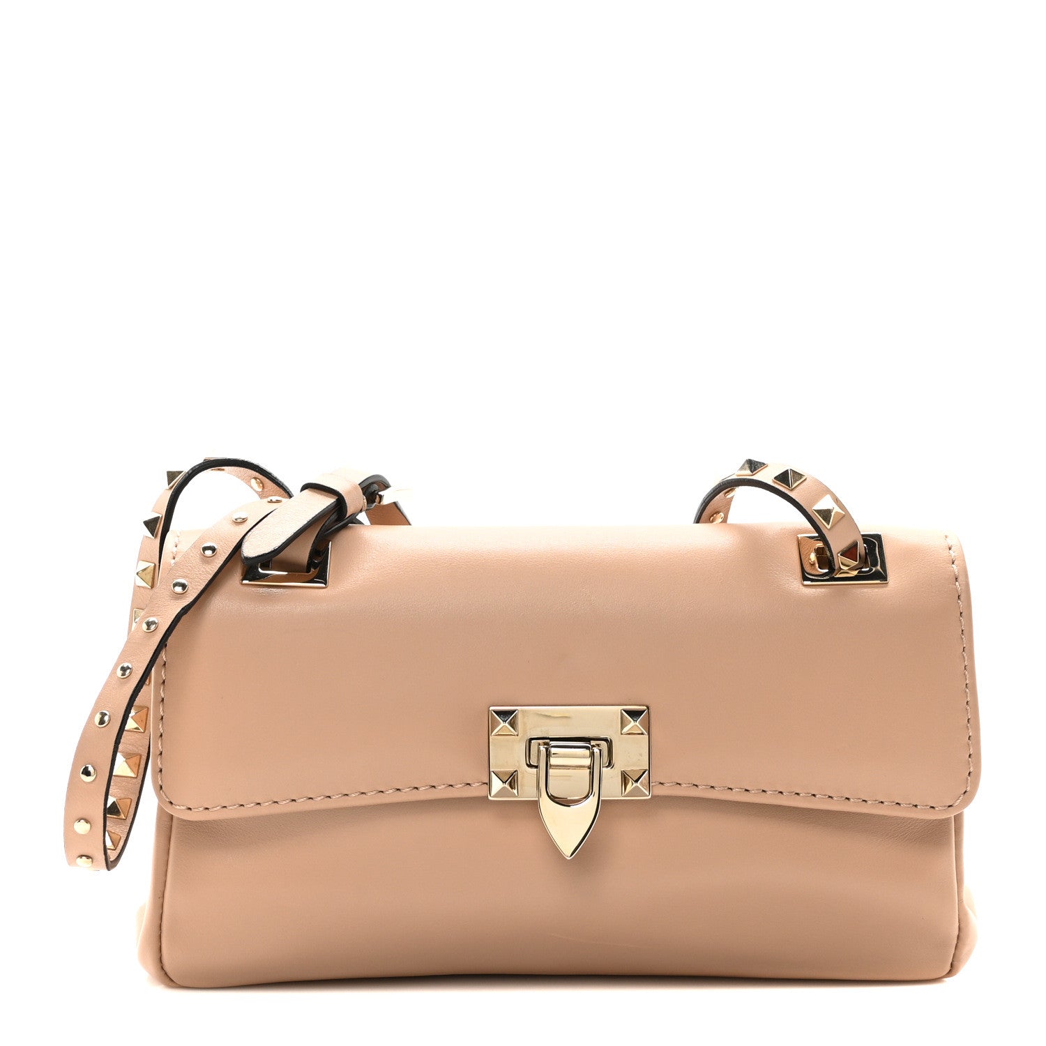 Valentino Garavani Vitello Rockstud Flip Lock Shoulder Flap Bag Beige 1 of 9
