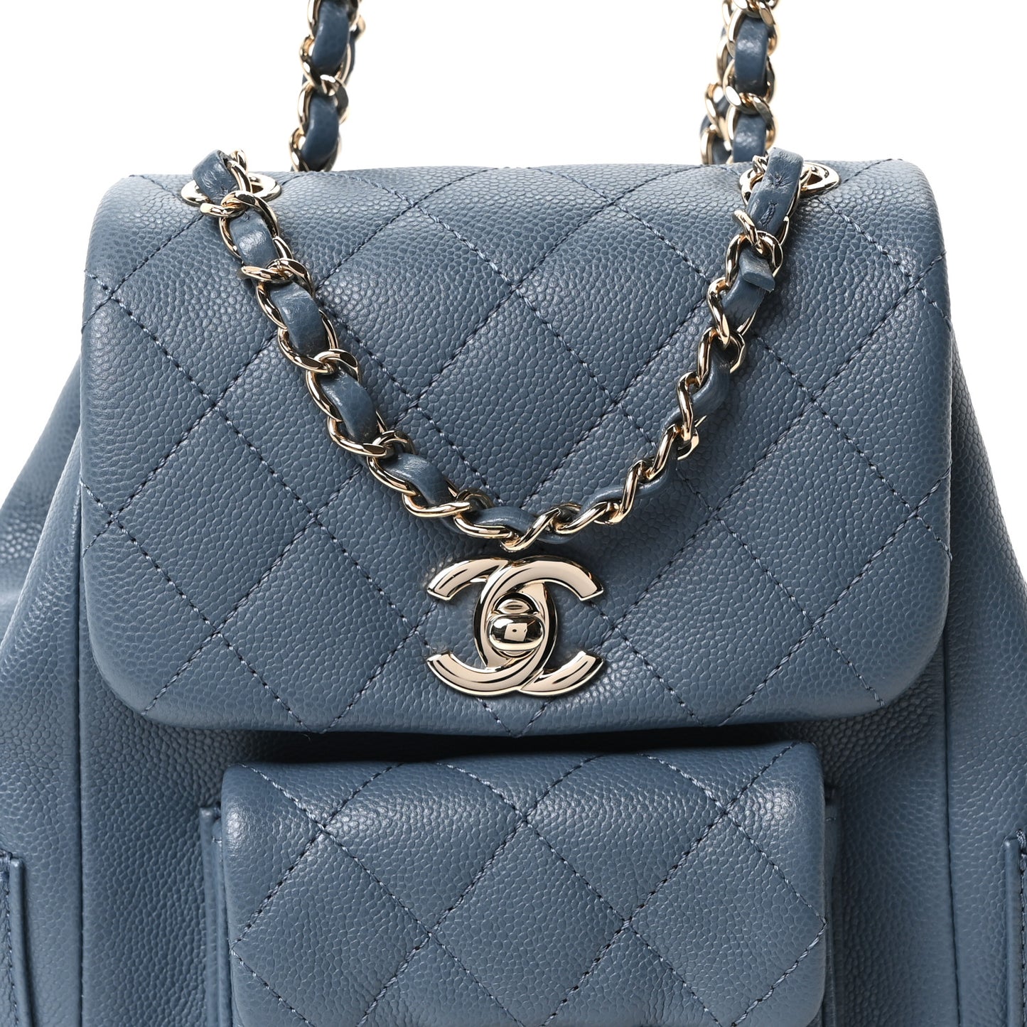 Shiny Caviar Quilted Small Duma Pockets Drawstring Backpack Blue
