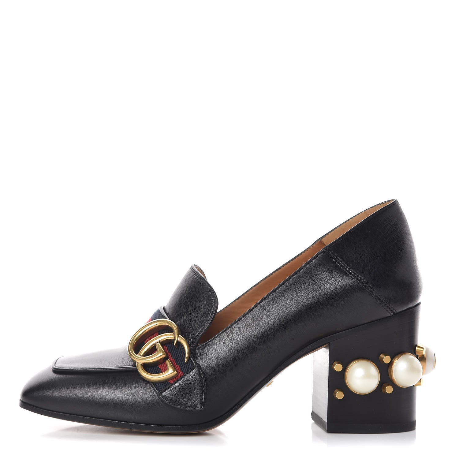 Gucci Malaga Kid Web Pearl Embellished Peyton 75mm Loafer Pumps 36 Black 1 of 11
