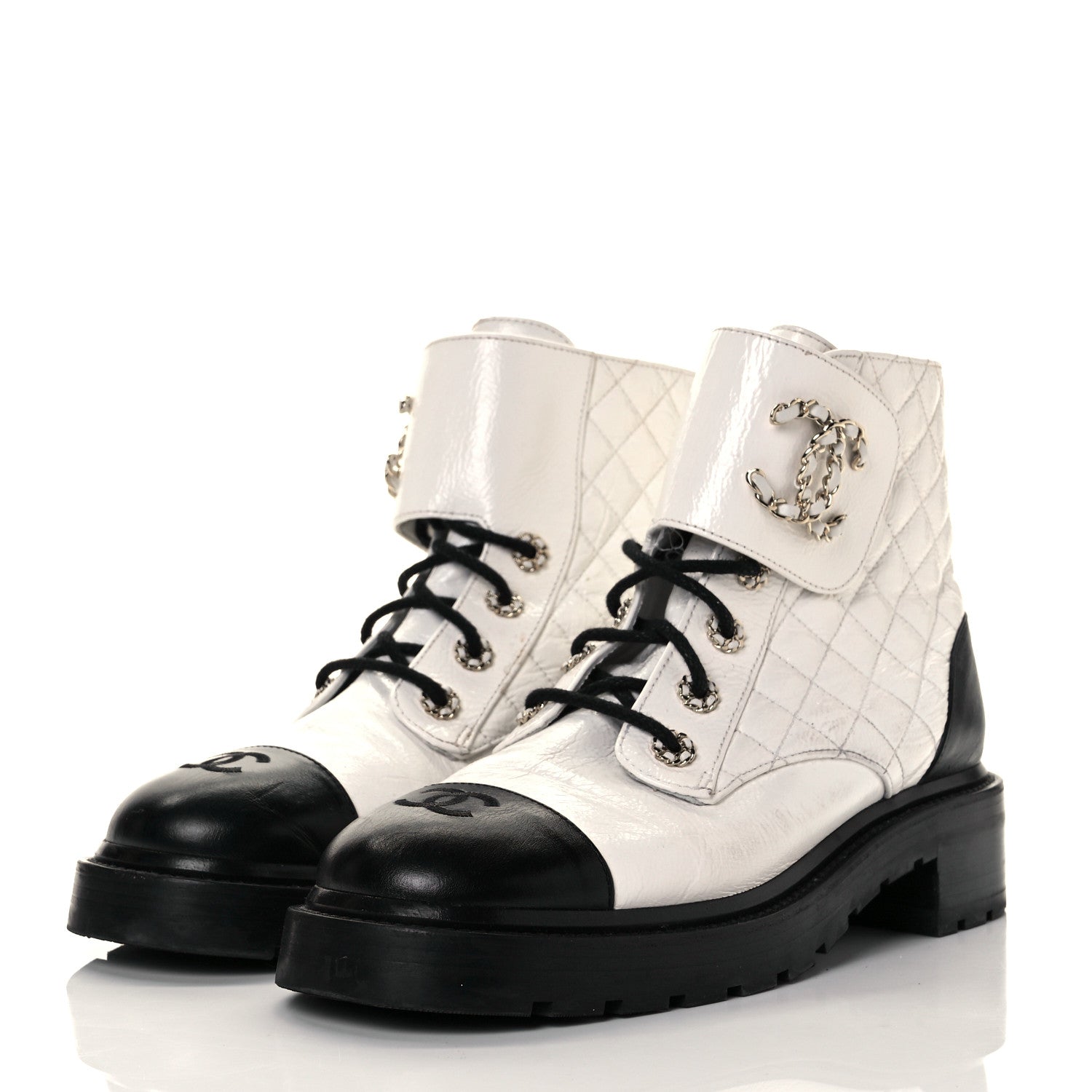 Chanel Shiny Goatskin Calfskin Quilted Lace Up Combat Boots 41.5 Black White 3 of 7