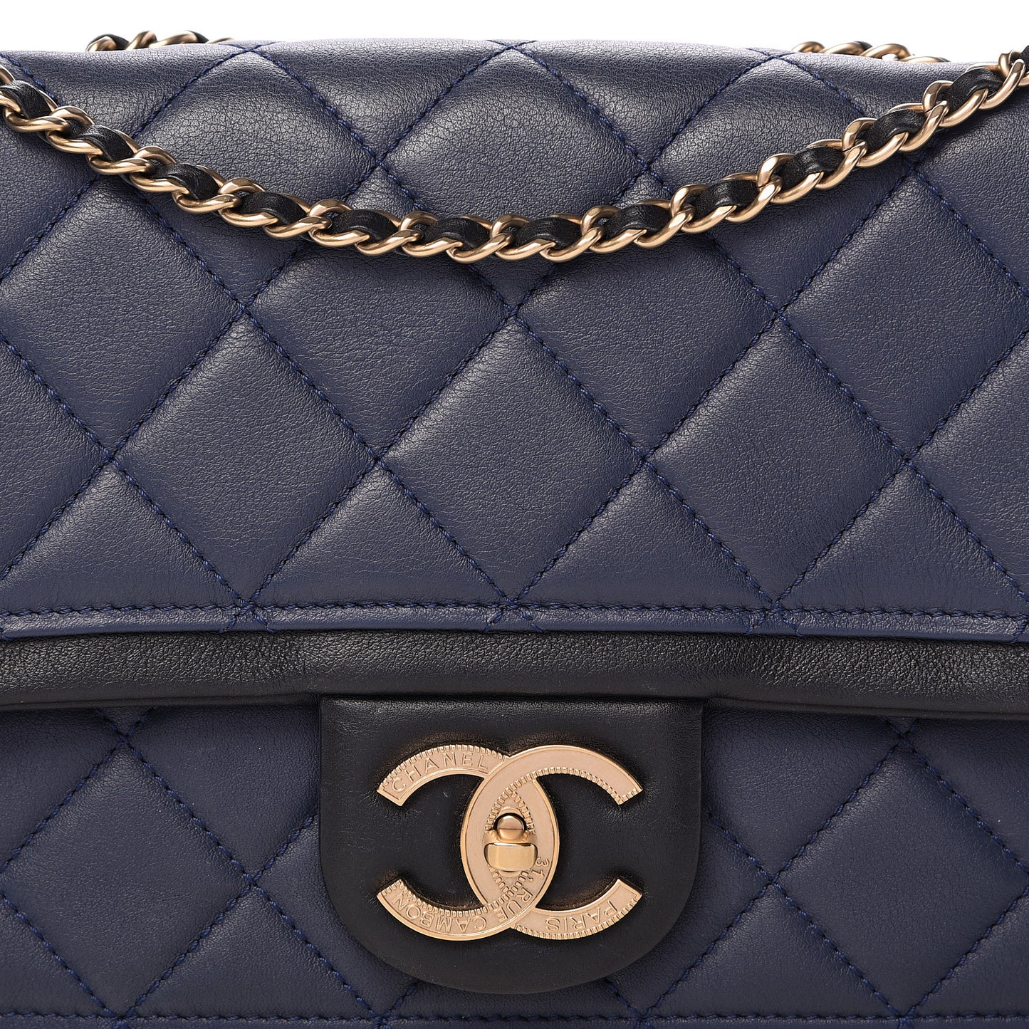 Lambskin Quilted Medium Graphic Flap Navy Black