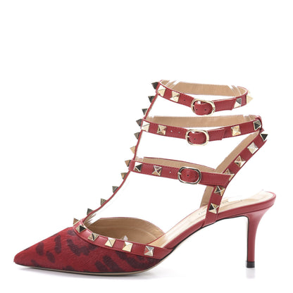 Valentino Garavani Calf Hair Leopard Print Rockstud Ankle Strap 65mm Pumps 36 Rosso Valentino 1 of 9