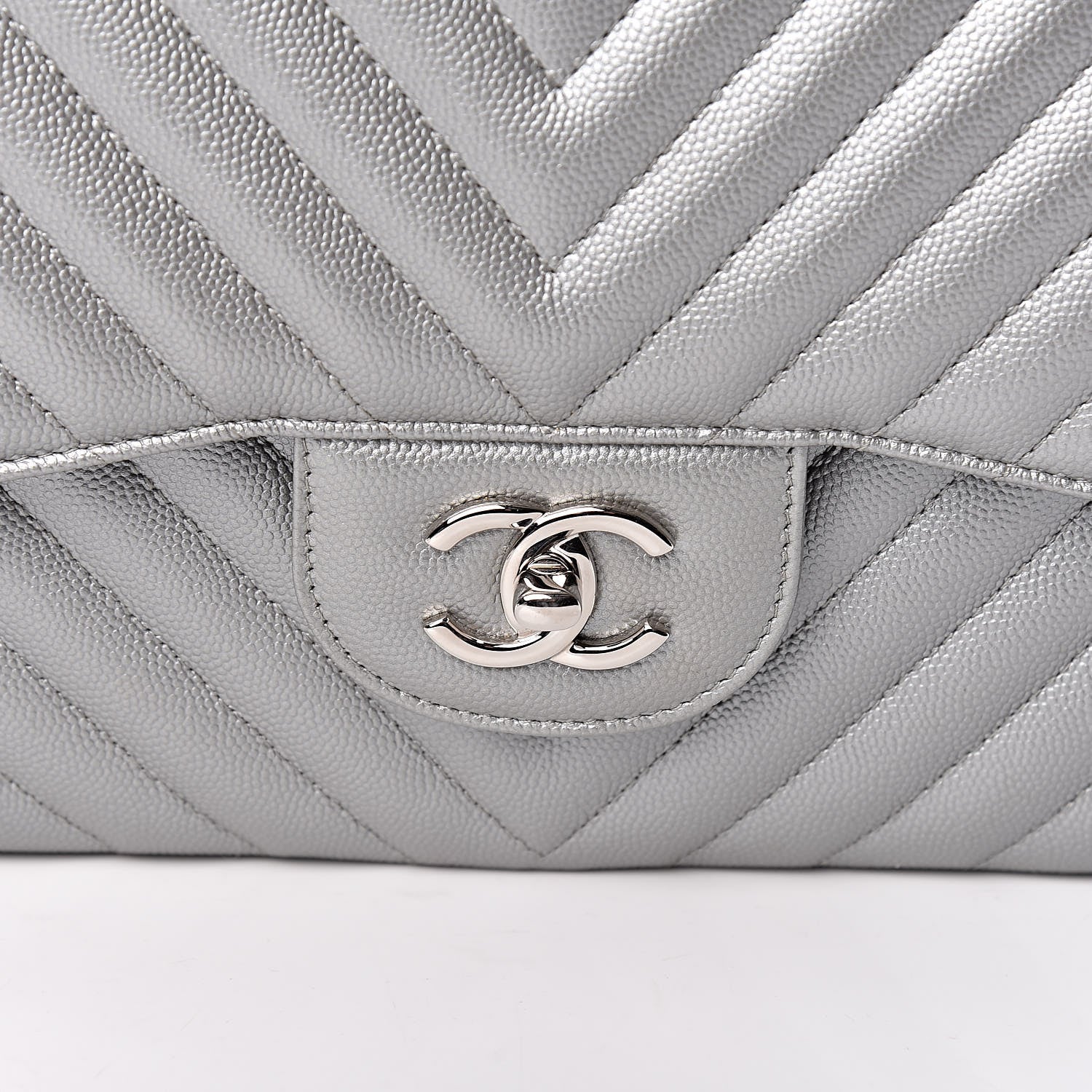 Chanel Metallic Caviar Chevron Quilted Jumbo Double Flap Silver 8 of 11