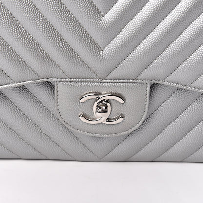 Chanel Metallic Caviar Chevron Quilted Jumbo Double Flap Silver 8 of 11