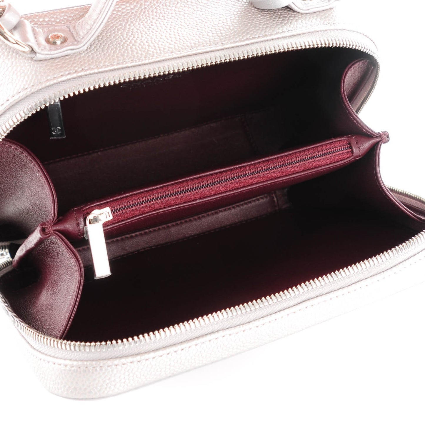 Metallic Caviar Quilted Medium CC Filigree Vanity Case Silver