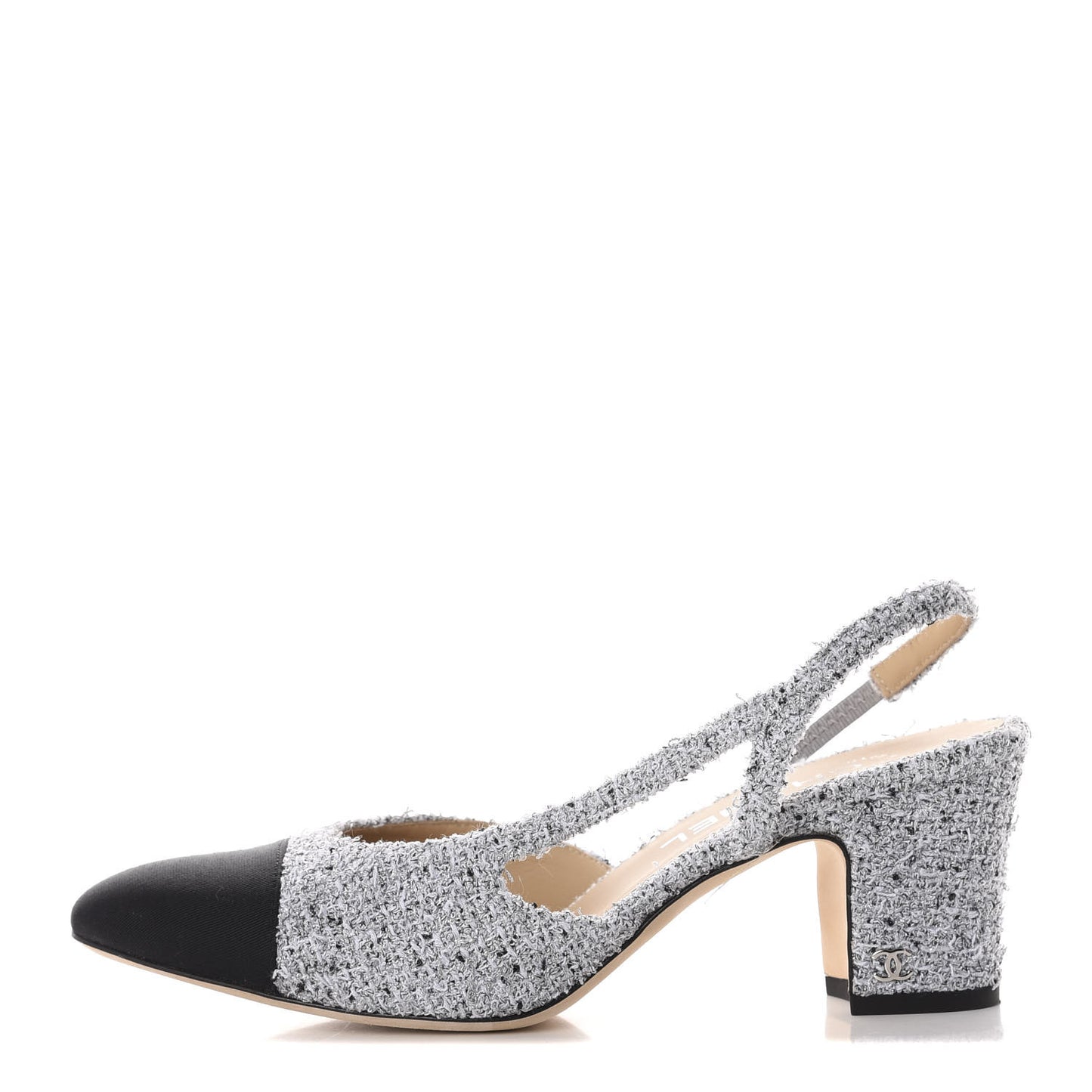 Tweed Grosgrain Cap Toe CC Slingback Pumps 38.5 Grey Silver Black