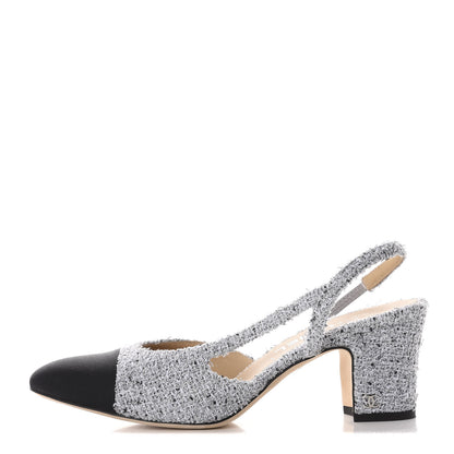 Chanel Tweed Grosgrain Cap Toe CC Slingback Pumps 38.5 Grey Silver Black 1 of 15