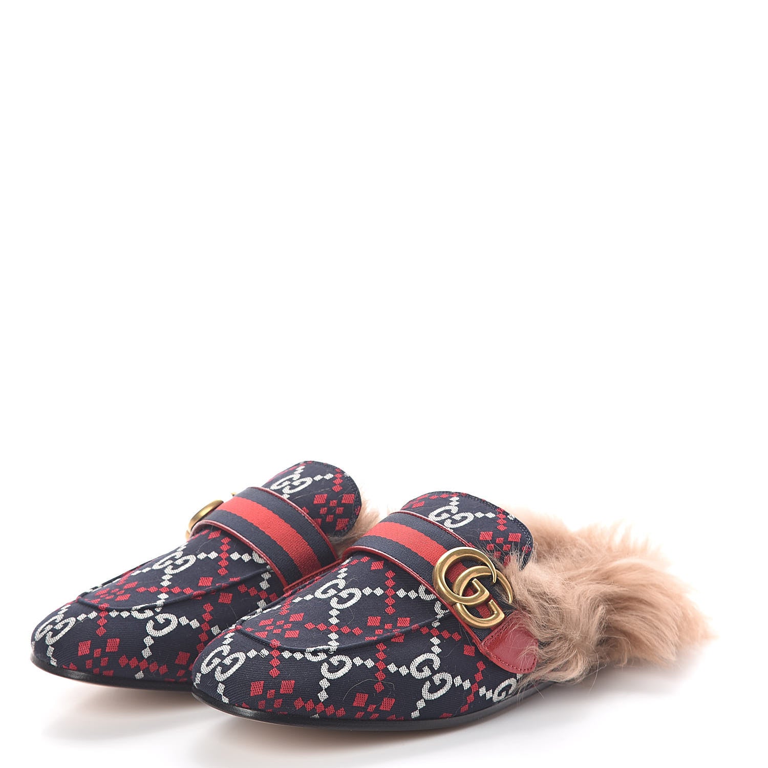 Gucci Canvas GG Monogram Diamond Fur Web GG Mens Princetown Slippers 6 Midnight Blue Hibiscus Red 3 of 8