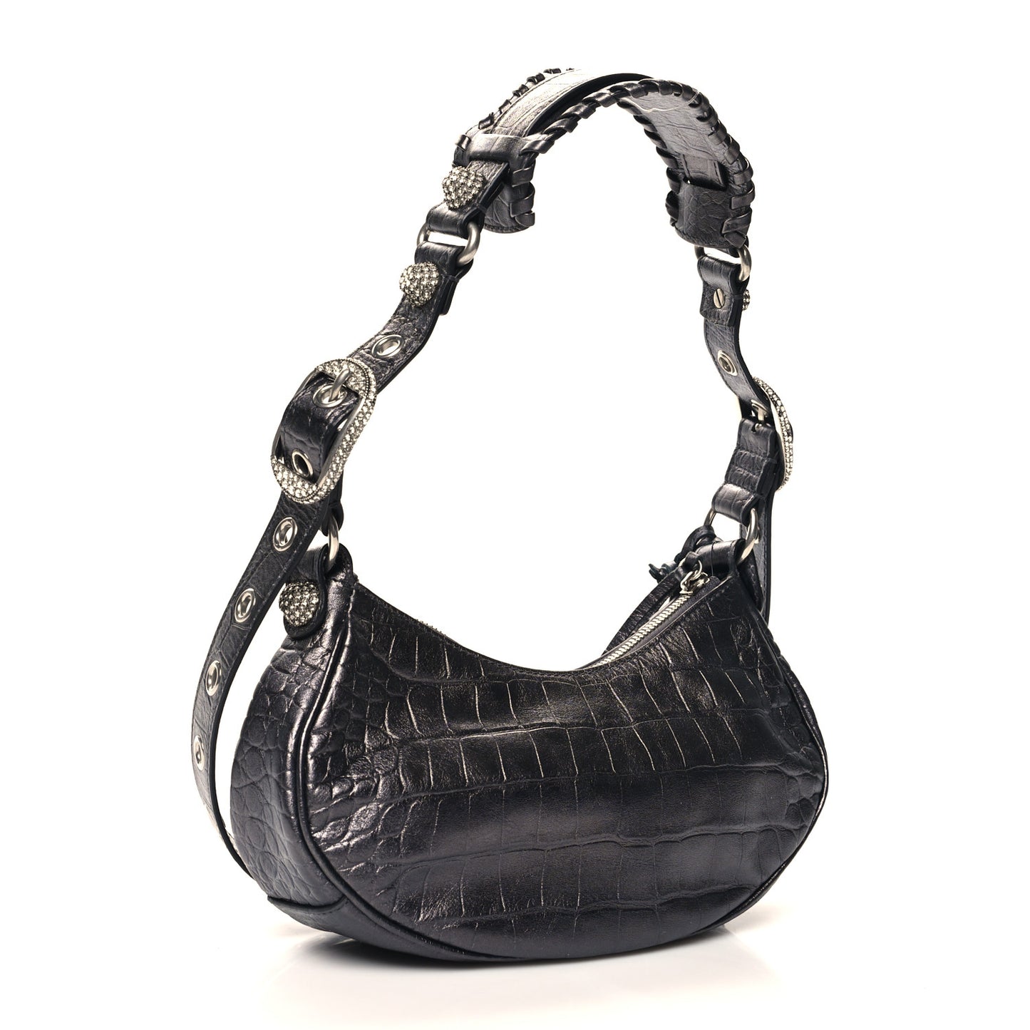 Extra Supple Calfskin Crystal Crocodile Embossed Le Cagole Shoulder Bag XS Gunmetal