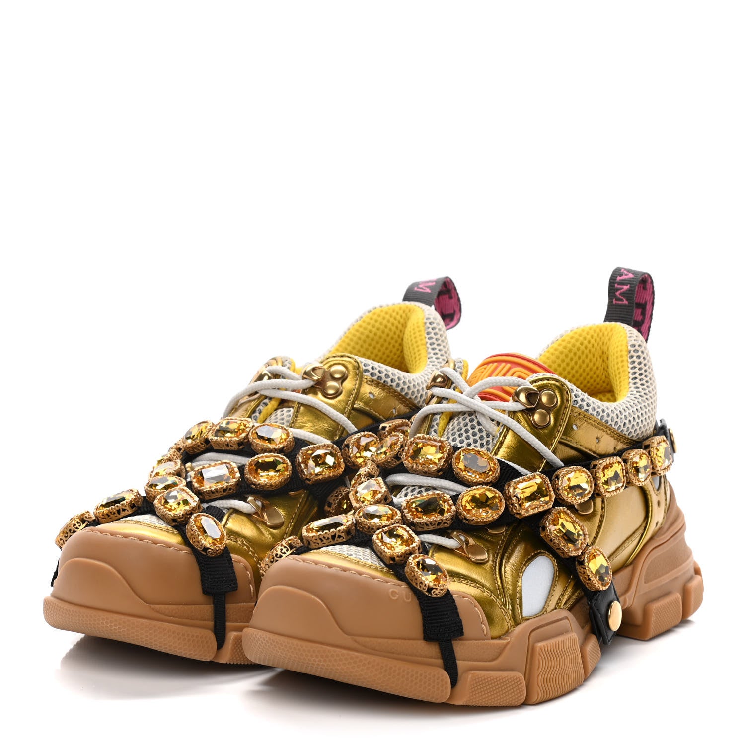 Gucci X SEGA Metallic Calfskin Mesh Removable Crystals Womens Flashtrek Sneakers 37 Oro Vecchio Mystic White Silver 3 of 10