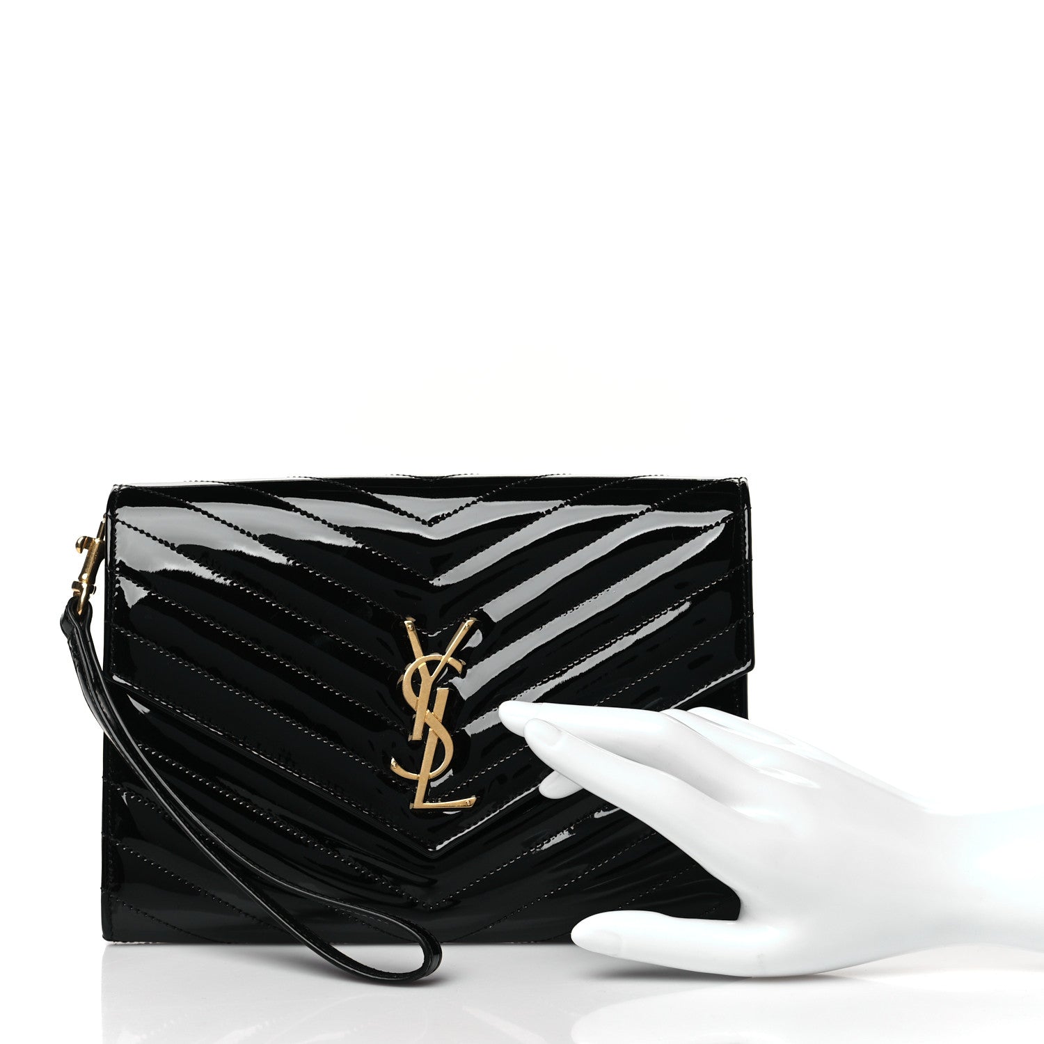 Saint Laurent Patent Matelasse Chevron Monogram Envelope Clutch Black 2 of 11