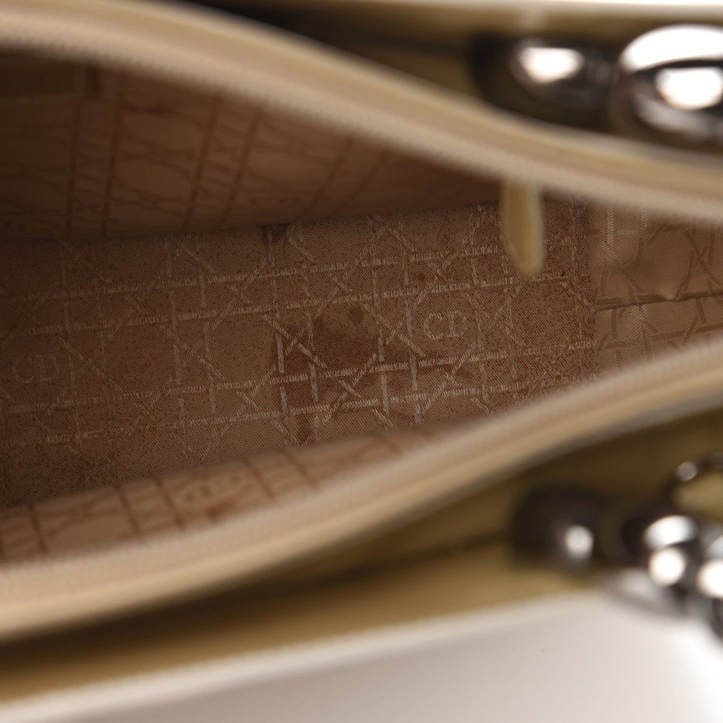 Patent Chrome Beaded Malice Tote Beige