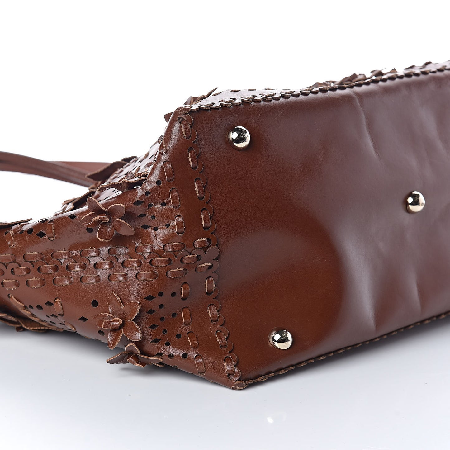 Calfskin Punched Lace Floral Tote Cognac