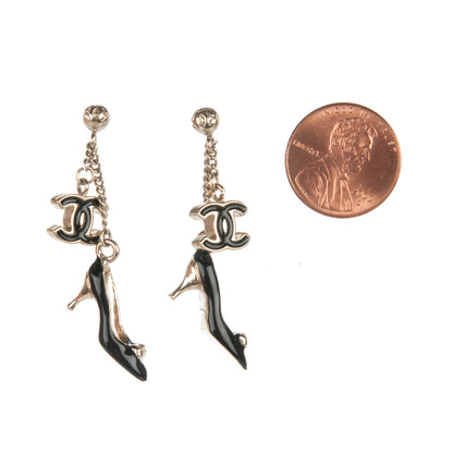 Chanel Enamel CC Heels Charm Earrings Black Gold 4 of 6