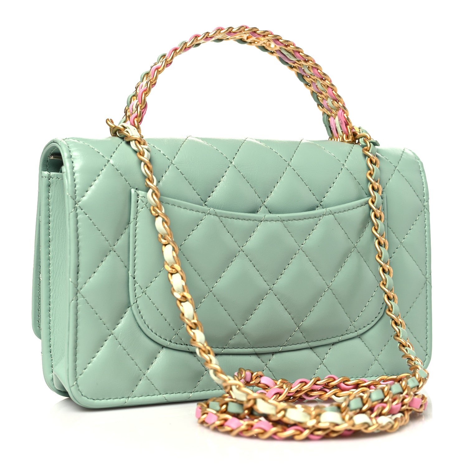 Chanel Shiny Calfskin Quilted Metal Top Handle Wallet On Chain WOC Light Green 3 of 11
