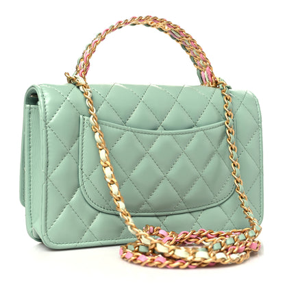 Chanel Shiny Calfskin Quilted Metal Top Handle Wallet On Chain WOC Light Green 3 of 11