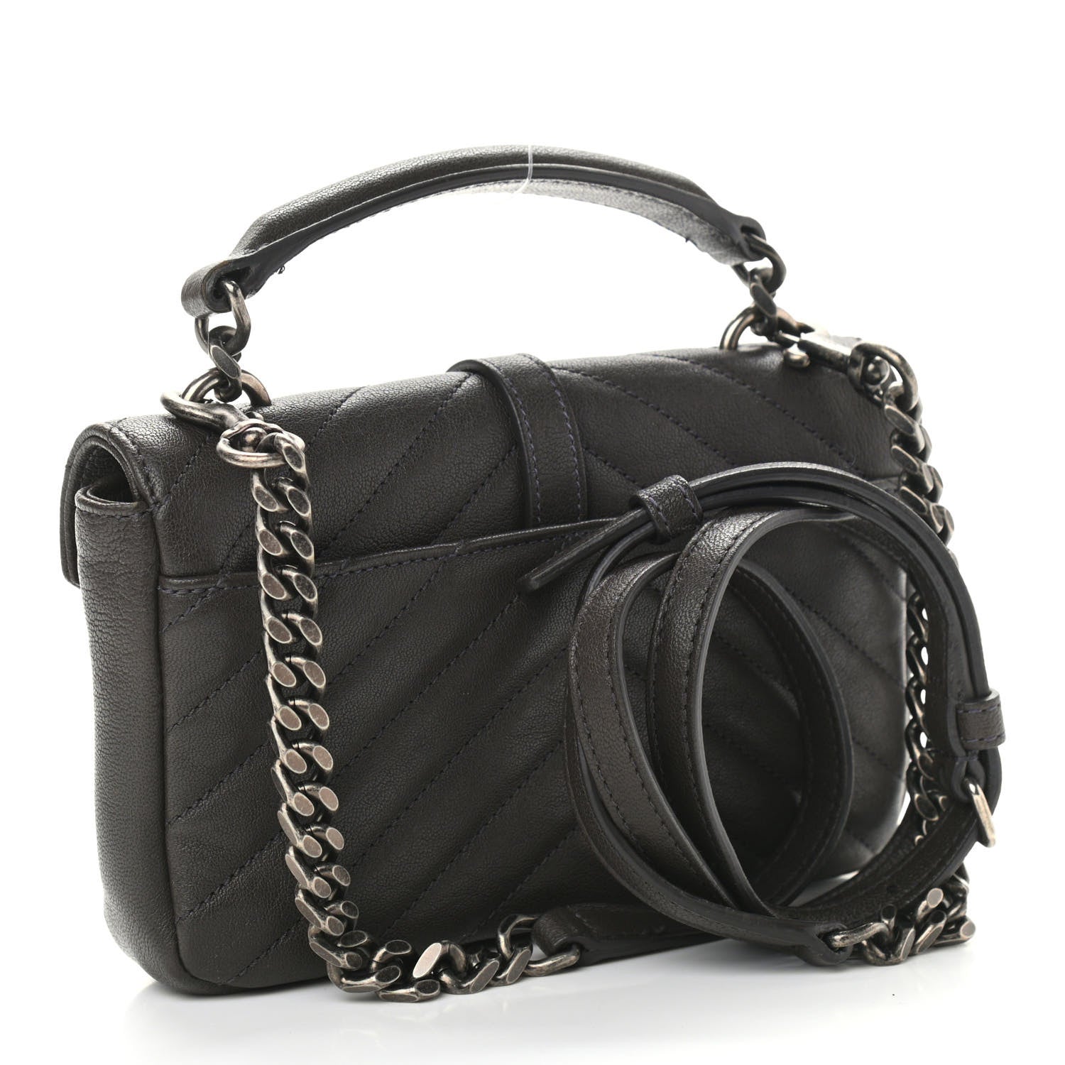 Saint Laurent Sheepskin Matelasse Chevron Monogram College Chain Wallet Coal 3 of 10