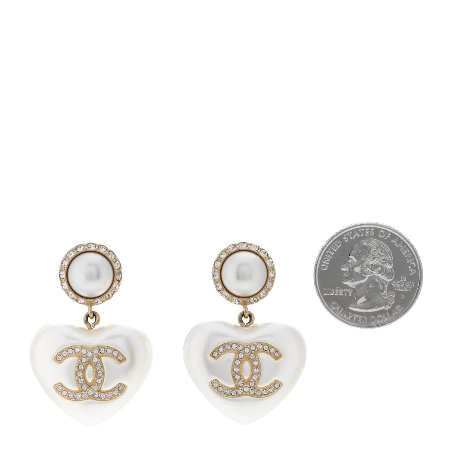 Chanel Pearl Crystal CC Heart Drop Earrings Gold 2 of 5