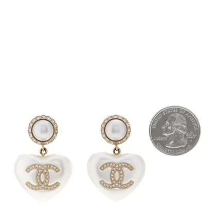 Chanel Pearl Crystal CC Heart Drop Earrings Gold 2 of 5